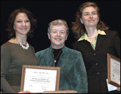 Sally R. Davis (left) and Pamela S. Whitten (right) with MSU President Lou Anna K. Simon (center) at the 2008 Awards Convocation.
