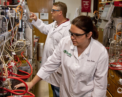 MSU Graduates and Draths employees Sara Boles and Craig Banotai check processes in the Okemos laboratory.