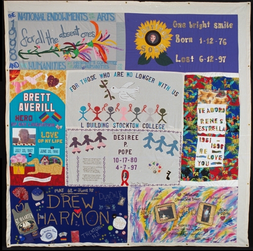 Featured panel from the AIDS Memorial Quilt by the NAMES Project, displayed during a 2017 exhibit by the MSU Museum.