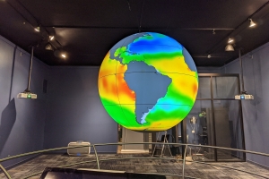 Professor Dalton Hardisty and University of Rochester student, Corina Osorio, utilized the Science On a SphereÂ® at the MSU Museum for Osorio's GeoCaFES project. Hardisty gives a shout-out to the Science On a SphereÂ® manager at the MSU Museum, Nick VanAcker, for his help plotting the ocean data on the Sphere.