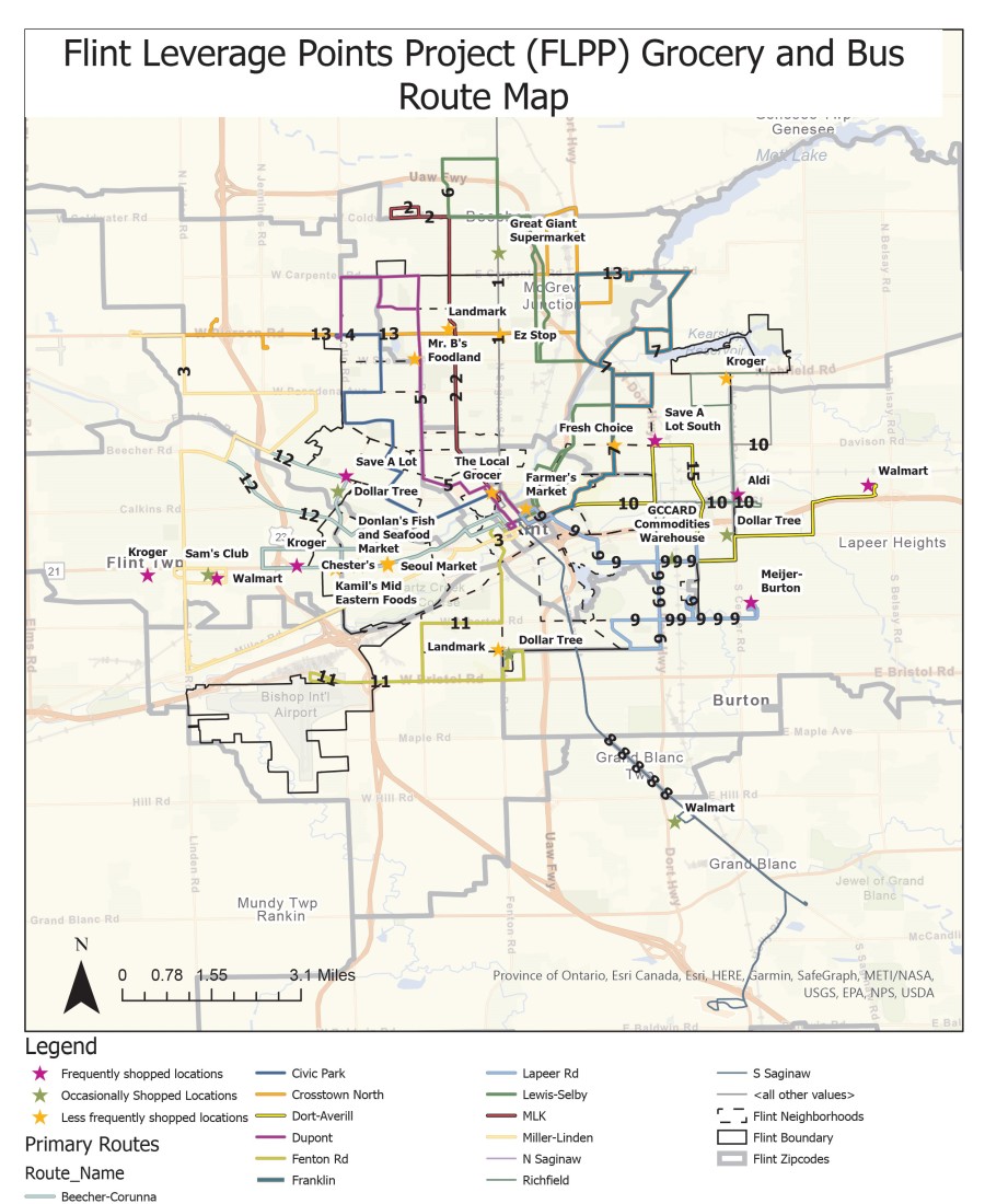 This map of the primary Mass Transportation Authority (MTA) bus routes in 2021, produced by the Flint Leverage Points Project, provides one illustration of how public transportation services grocery locations described by Flint residents. The map illustrates that residents of North Flint must transfer bus lines to reach stores most frequently shopped.