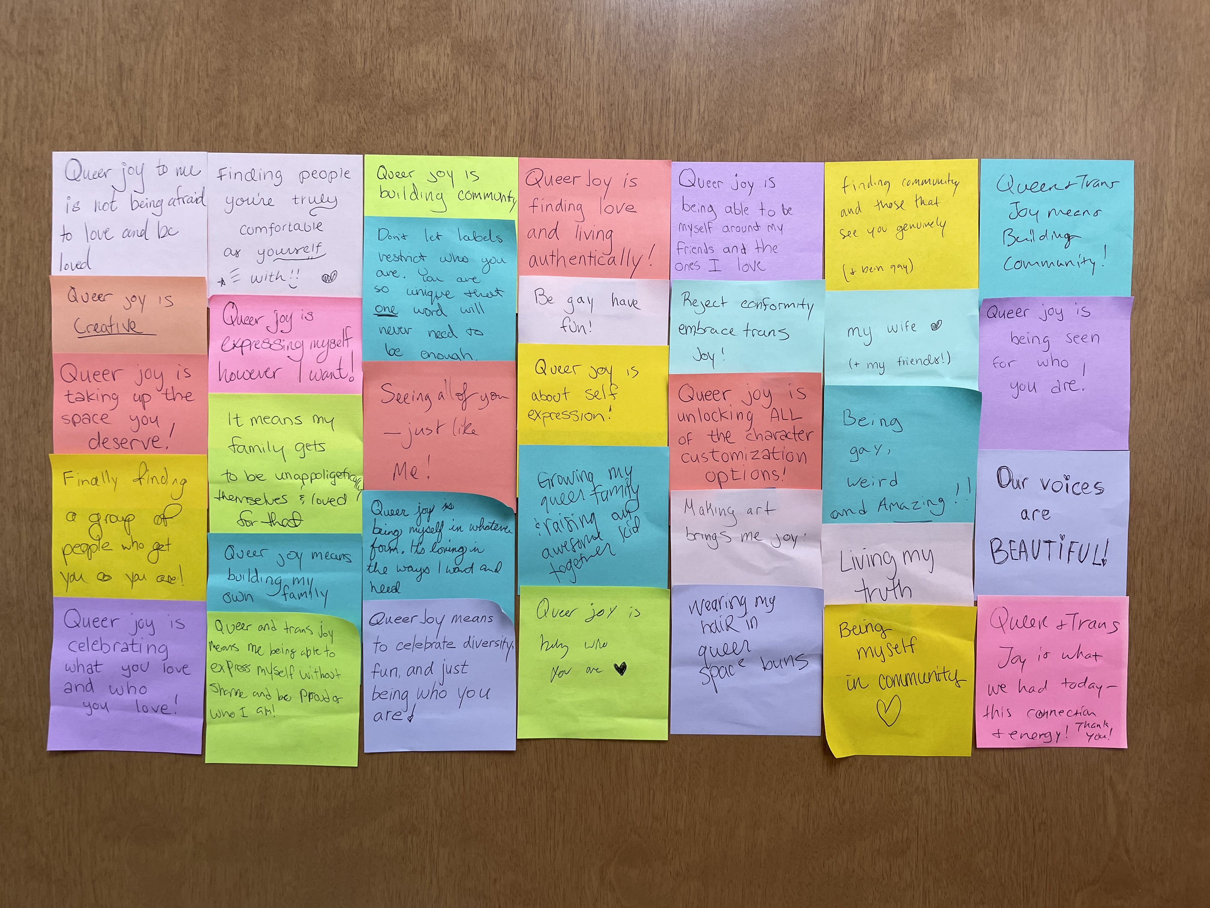 Attendees of the 'Queer and Trans Joy Celebration' event spread support and encouragement by sharing what queer and trans joy means to them.