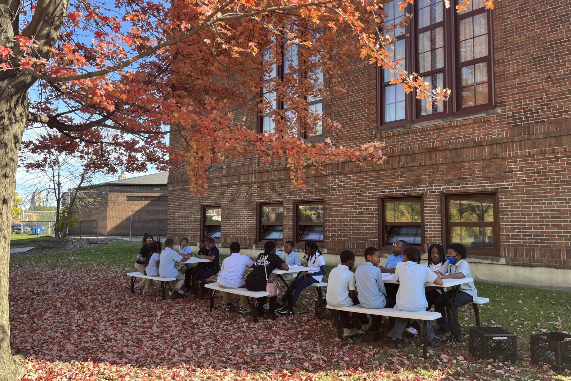 Students at Thirkell Elementary-Middle School take advantage of the outdoor classroom that they helped build.