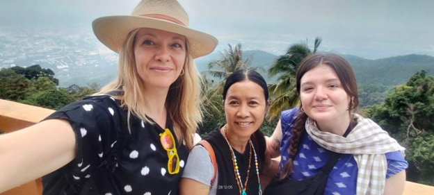Flaim, longtime research collaborator and friend Chutima Morlaeku (Indigenous rights activist), and Mekong Culture WELL student Chloé Damon (now a graduate student at University of Michigan)