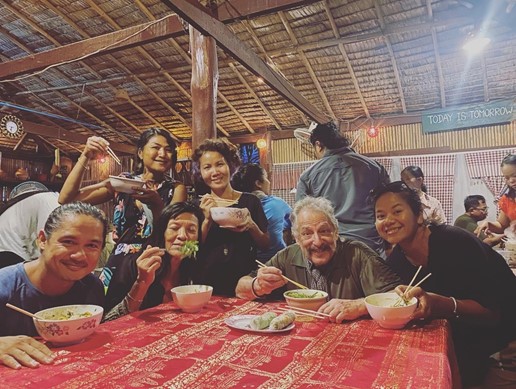 Mekong Culture WELL team and collaborators convene to devise a community research project. Clockwise from bottom left: (Sopheak Chann, Kalyanee Mam, Sophal Neak (artist), Sao SreyMao (artist), David Feingold, Marina Pok (May 2022)