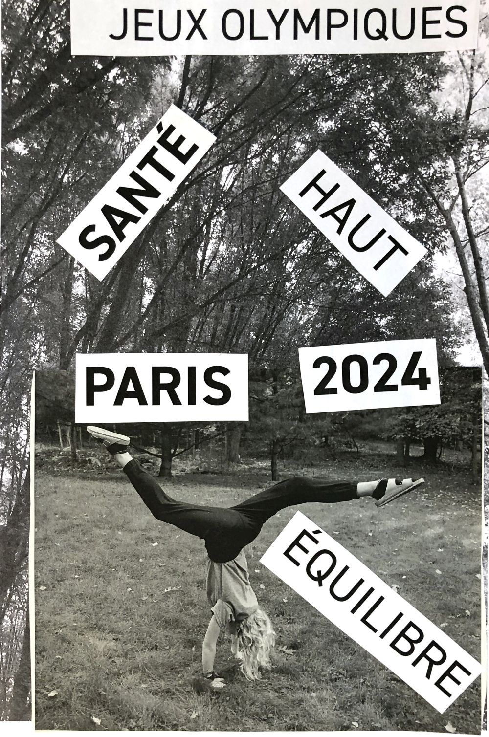 Collage that combines a photo of a girl doing a backflip and the word 'equilibre.'