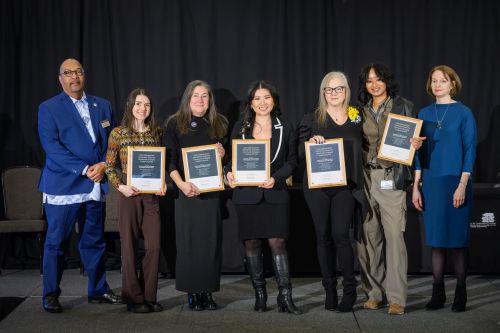 From left: Kwesi Brookins, Sarah Hopkins, Lansing Art Gallery and Education Center; Nina Silbergleit, REACH Art Studios; Samantha Le, Capital City Film Festival; Nancy DeJoy; Fatima Konare, MSU; and Judith Stoddard, vice provost for University Arts and Collections