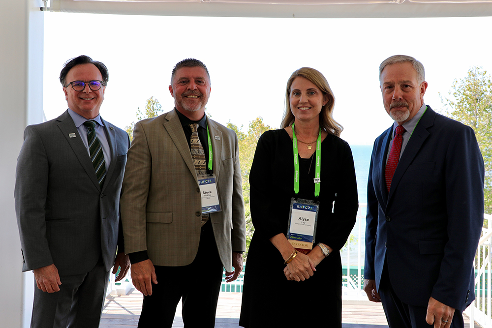 Alyse Ley, D.O., director of Prevent 2 Protect, and Frank Straub, of Safe and Sound Schools, participated in a panel discussion moderated by Norm Beauchamp Jr., M.D., executive vice president for MSU Health Sciences, at the 2023 Mackinac Policy Conference. L to R: Beauchamp, Steve Hinkley of the Calhoun County Sheriff's Office, Ley, and Straub.