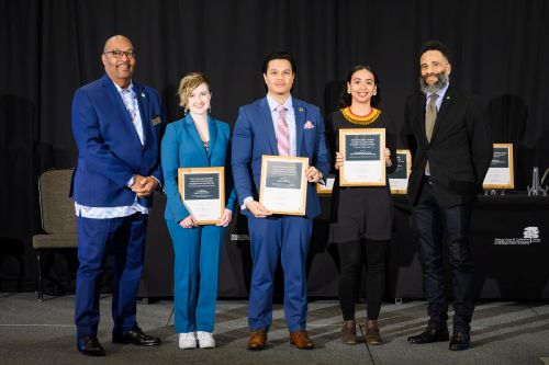 From left: Kwesi Brookins, Taylor Elyse Mills, Farish Jazlan, Maria Alejandra Garcia, and Pero G. Dagbovie, vice provost for Graduate and Postdoctoral Studies