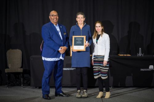 From left: Kwesi Brookins, Donna L. Harris, and Carolina Restini, associate professor, College of Osteopathic Medicine