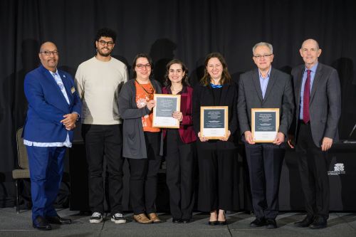 From left: Kwesi Brookins, Rafael Cavalcanti Lembi, Gisele Souza Neuls, Rachel Mourão, Maria Claudia Lopez Perez, Emilio Moran, and Steven Hanson, vice provost and dean for International Studies and Programs