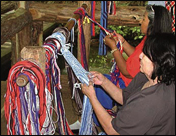 Demonstration of traditional finger weaving for Youth Leadership Institute participants by representatives of the Eastern Band of Cherokee Indians, Oconaluftee Village, North Carolina.