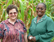 Sieg Snapp (L) and Ms. Mazungu (R), a technical assistant and farmer in Zomba, Malawi, in front a perennial legume/maize interplanting. The two have worked together for almost 15 years.