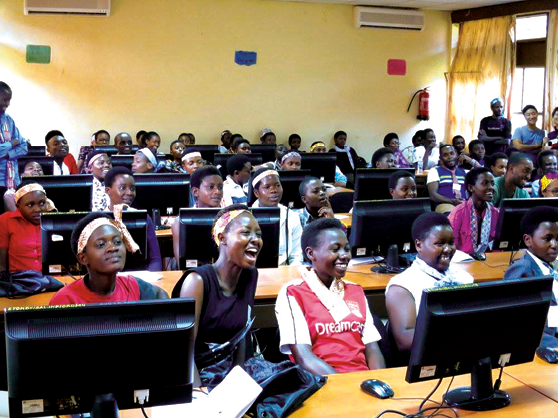 Girls at Camp TechKobwa Skype with Mayangamutse and other mentors.