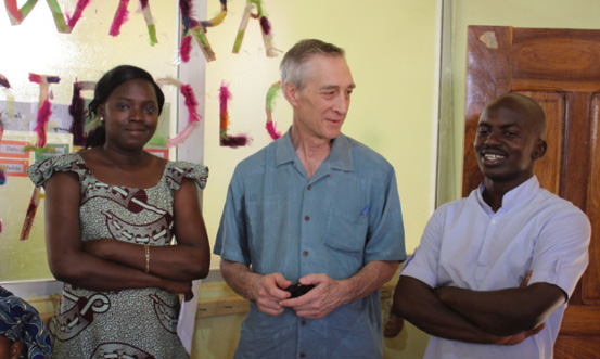 Stephen L. Esquith with Missoudjie Dembele (left) and Boubacanar Garango (right), the teachers who led the Mali Peace Game in 2015 at the Ciwara School.